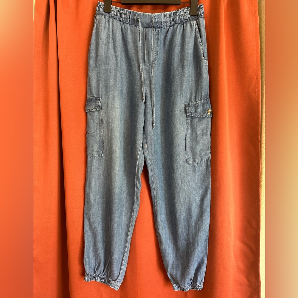 For The Republic Blue Tencel Denim Cargo Joggers Pull On Pants Pockets